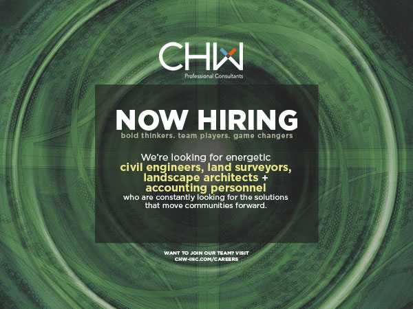 CHW Now hiring civil engineers, landscape architects, land surveyors, and controller