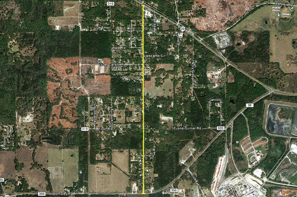 Aerial of Foley Cutoff Road and surrounding areas. CHW provided land surveyor and civil engineering services for this project.