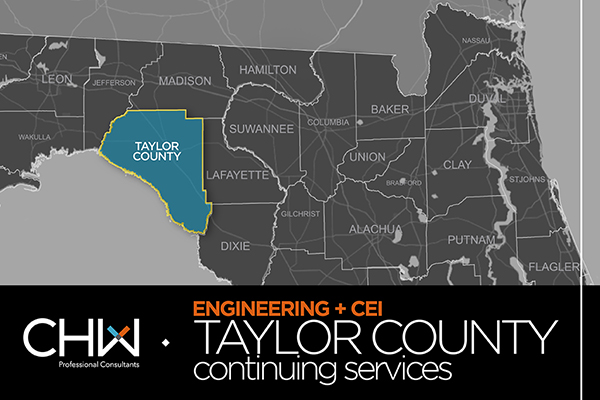 Map of Florida Counties with Taylor County highlighted, CHW was awarded the civil engineering and construction engineering inspection continuing services contracts.