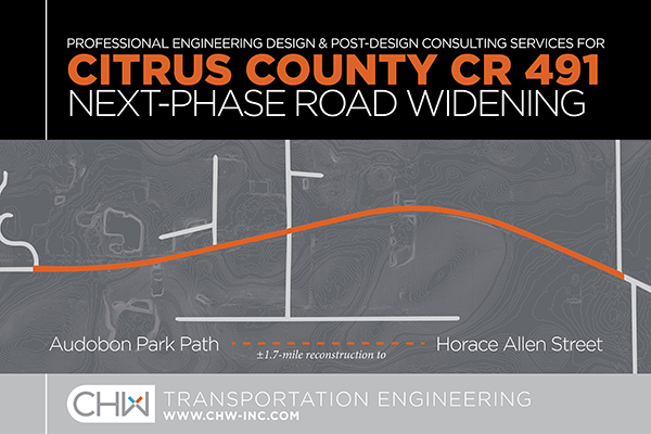 Professional engineering design and post-design consulting services for Citus County CR 491 next-phase road widening project, image of roadway map and CHW logo
