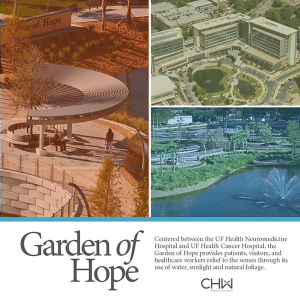 Pictures of the Garden of Hope at the UF Health Shands campus in Gainesville, Florida. CHW provided landscape architecture services for this project.